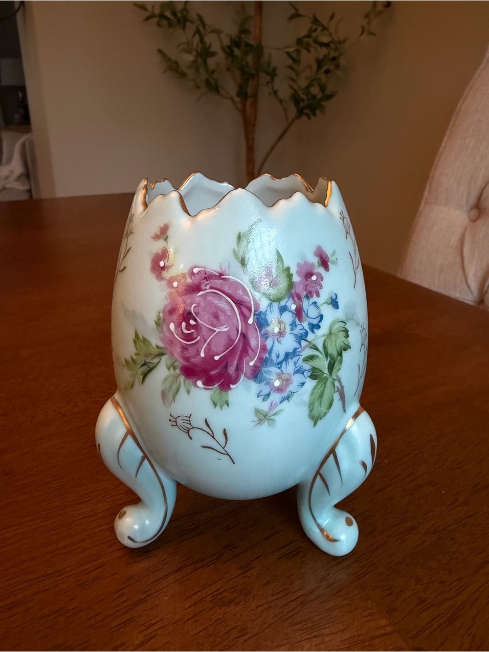 Hand-Painted Floral Porcelain Egg Vase with Gold Trim